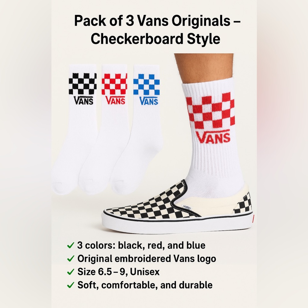Vans Original Checkerboard Crew Socks – Size 6.5-9 – 3 Pack